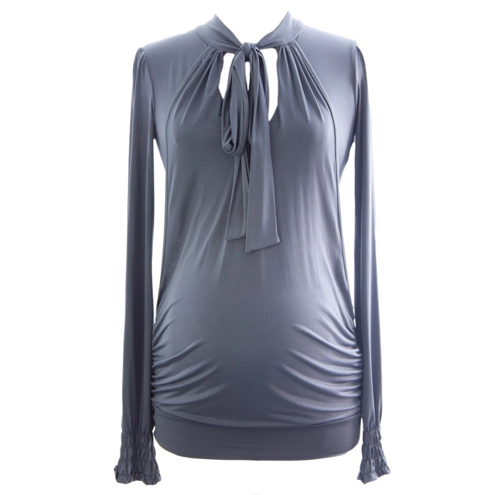 OLIAN Maternity Women's Smoke Grey Tie Neck Long Smoked Sleeve Tunic XS $128 NWT